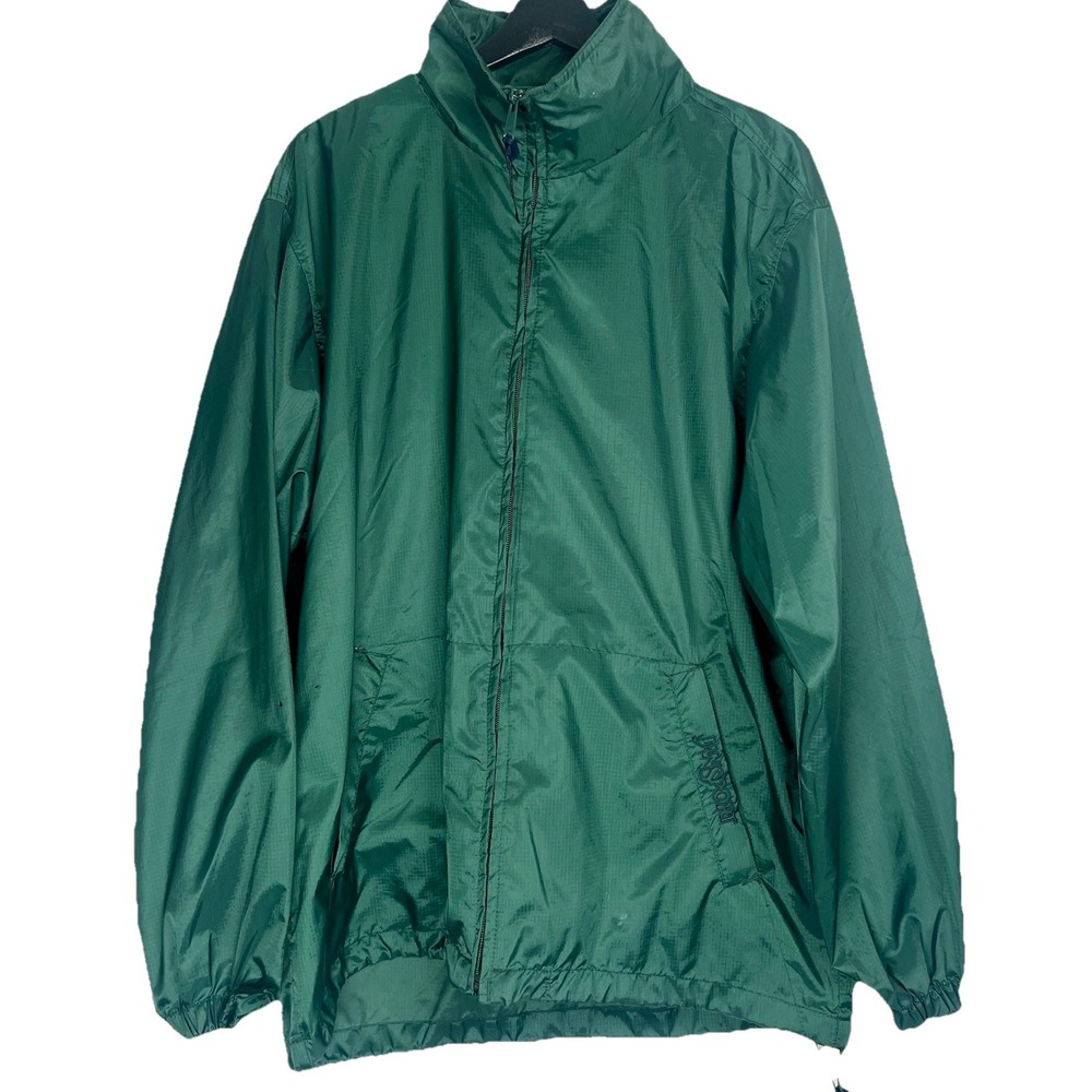 JanSport Mens Green Ripstop Windbreaker Jacket Full Zip Stowaway Hood Size M Vtg
